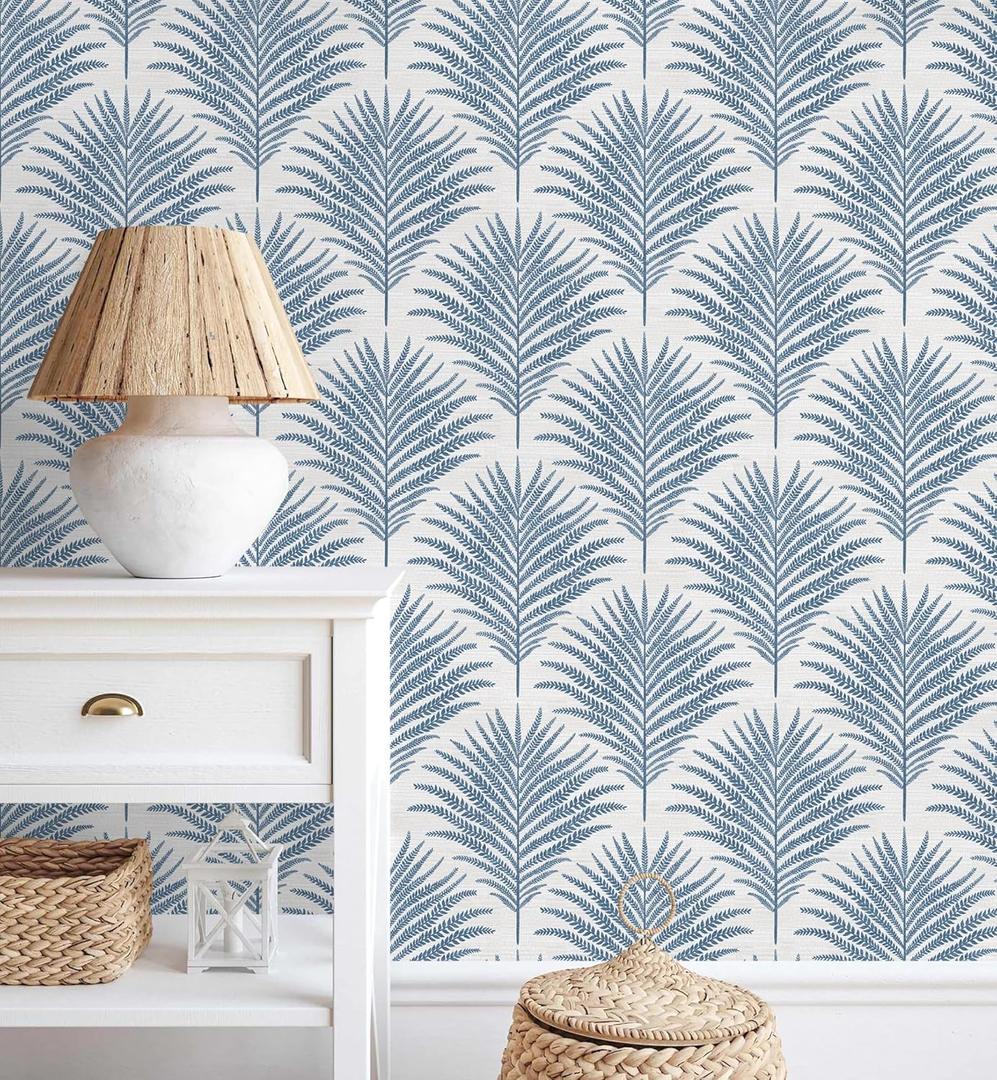 Rugreat Blue/White Wallpaper Peel and Stick Modern Palm Leaf Contact Paper for Cabinets Self Adhesive Removable Wallpaper for Bedroom Boho Geometric Contact Paper Bathroom Waterproof 17.3inW 78.7inL