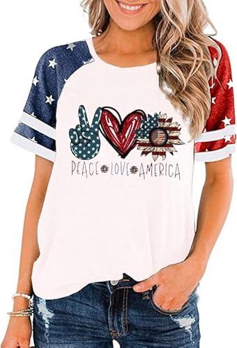 American Flag Stars Stripes Shirts for Women 4th of July Patriotic Shirt Cute Graphic Blouse USA Flag Tops Summer Tee, Size L