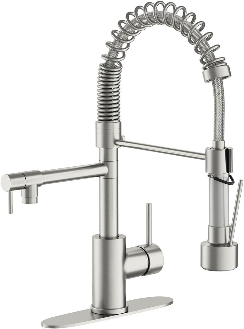 Dual Spout Kitchen Faucet with Pull Down Sprayer, Brushed Nickel Stainless Steel Commercial Sink Faucet with Pot Filler, Single Handle, 1 or 3 Hole Install, for Farmhouse RV Laundry Utility Wet Bar