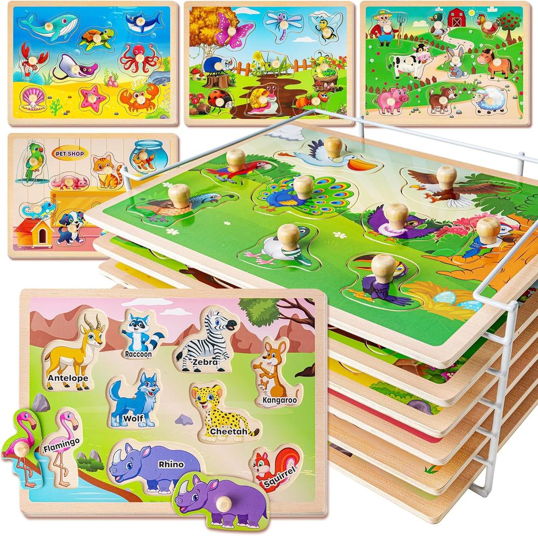 SYNARRY Wooden Puzzles for Toddlers 1-3, 6XSET Animals Puzzles for Toddlers 2-4 with Rack, Toddler Puzzles Ages 2-4, Toddler Valentines Day Easter Basket Stuffers Gifts Toys for Boys Girls