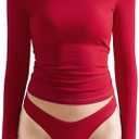 OMKAGI Women Long Sleeve Shirts Cotton Ribbed Fitted Basic Tops Crewneck Y2K Top(S, Red)