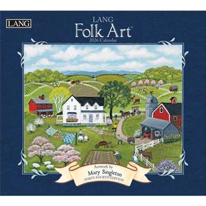 Lang Folk Art 2026 Wall Calendar 13.4" 12", 12-Month Calendar with Stapled Binding, Linen-Embossed Folk Art by Mary Singleton, Rural American Scenes