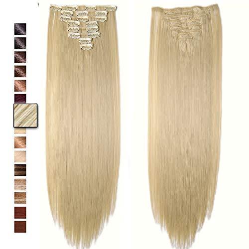 S-noilite [PROMO 26" Long Straight Bleach Blonde Full Head Clip in Hair Extension 8 Pcs 18 Clips Real Thick Heat Resistance Synthetic Hairpiece for Women Girls (Bleach Blonde)