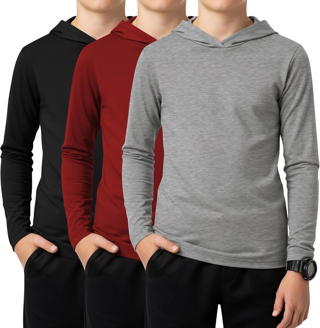 3 Pack Boys Long Sleeve Hoodies Kids Comfy Active Athletic Workout Sweatshirts Casual Pullover Shirts (Ages 6-18) (X-Large, Light Gray, Red, Black)