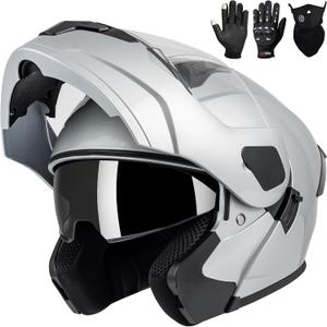 Adult Modular Motorcycle Helmets, DOT Approved Flip up Dual Visor Full Face Helmet for Men Women Moto ATV UTV Snowmobile ADV Four Wheeler Street Bike with Gloves & Mask, Medium