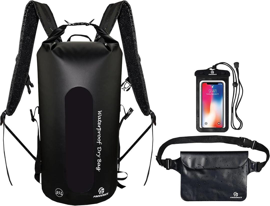 Waterproof Dry Bags Set of 3 - Dry Bag with 2 Zip Lock Seals, Waist Pouch & Phone Case - Can Be Submerged Into Water for Swimming, Kayak, Rafting & Boating (Window, Black, 35L)