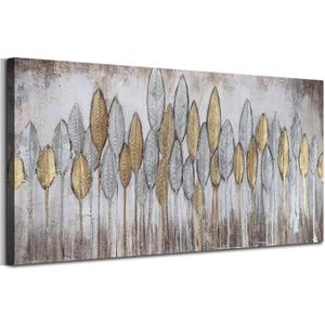 Acocifi Beige Neutral Canvas Wall Art Living Room, Large Abstract Gold Leaf Textured Painting, Modern Minimalist Picture Artwork Framed for Bedroom Dining Room Office Home Decor 48"x24"