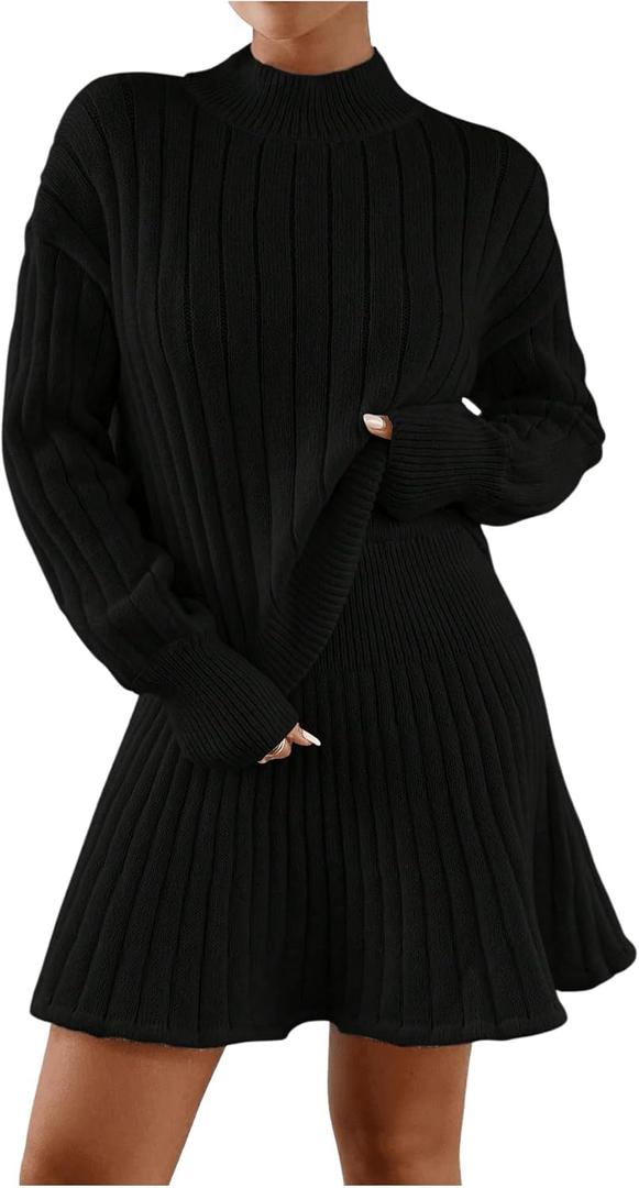 MakeMeChic Women's Sweater Skirt Sets 2 Piece Outfits Ribbed Knit Mock Neck Sweater Pullovers A Line Mini Skirt Set, Size L