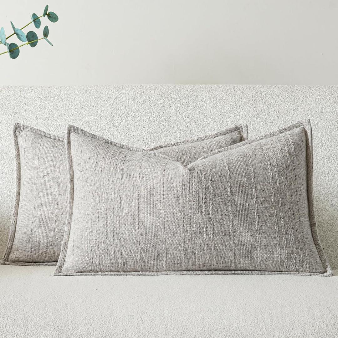 A Moment Linen Pillow Covers Set of 2,Boho Farmhouse Throw Pillowcases Neutral Textured Decorative Covers for Couch Sofa Bed, Soft Linen Blend Accent Case Cushion Home Decor 20"x12"Beige Grey