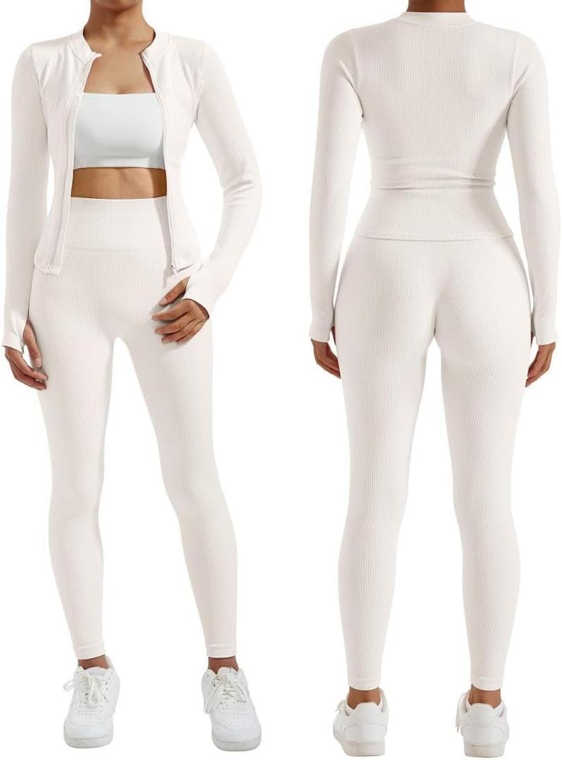 RXRXCOCO Ribbed Workout Sets for Women 2 Piece Zip Up Cropped Workout Jackets Seamless Leggings Matching Yoga Oufits, Medium