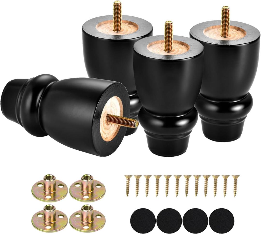 Maricome 4 inch Wood Furniture Legs Bun Feet Set of 4 Predrilled M8 Bolt Black Wooden Replacement Legs for Chair Dresser