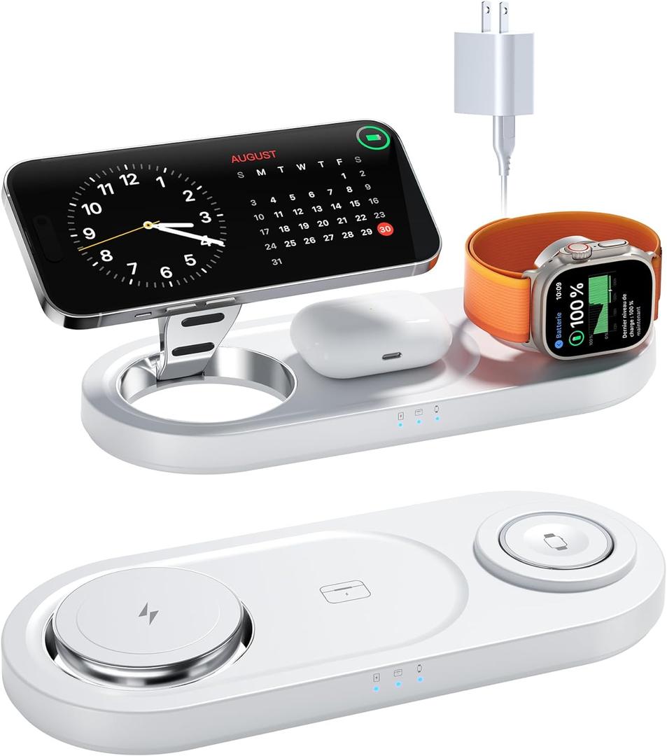 Upgraded 3 in 1 Wireless Charging Station for Apple Devices, Faster Mag-Safe Charger Stand, Magnetic Charger Station for iPhone 16/15/14/13/12 Series & AirPods Pro & Apple Watch Series (White)