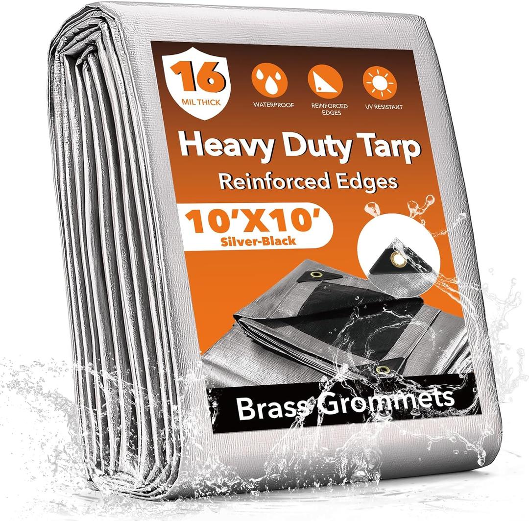 10x10FT Waterproof Tarp, Yumatum 16 Mil Heavy Duty Tarps with Reinforced Edges/Brass Grommets, 100% UV Blocking/Tear Resistant Poly Tarp for Camping, Patio, Tent, Boat(Silver/Black)