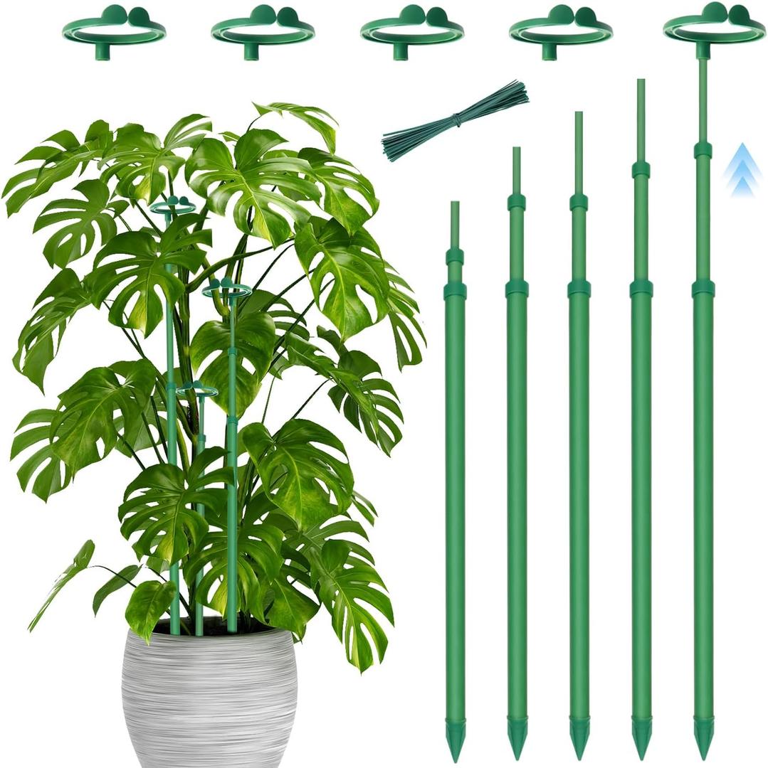 Telescoping Plant Stakes,5Pcs 17.9In to 42.3In Adjustable Monstera Plant Support Orchid Sticks with Clips, Plant Sticks Support Tall for Monstera,Orchids,Tomatoes,Vines & Indoor Outdoor Plants