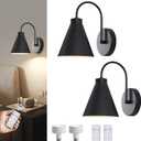 Powfloven Vintage Cordless Gooseneck Battery Operated Wall Sconces Set of 2, Black Bedside Battery Powered Wall Decor Lamps with Remote Control, Wireless Indoor LED Lights Fixture for Hallway Bedroom