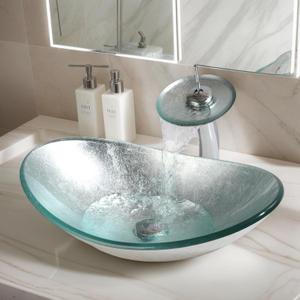 22x14 Inch Oval Silver Glass Vessel Sink Set, 21.6"L x 14"W x 6.6"H