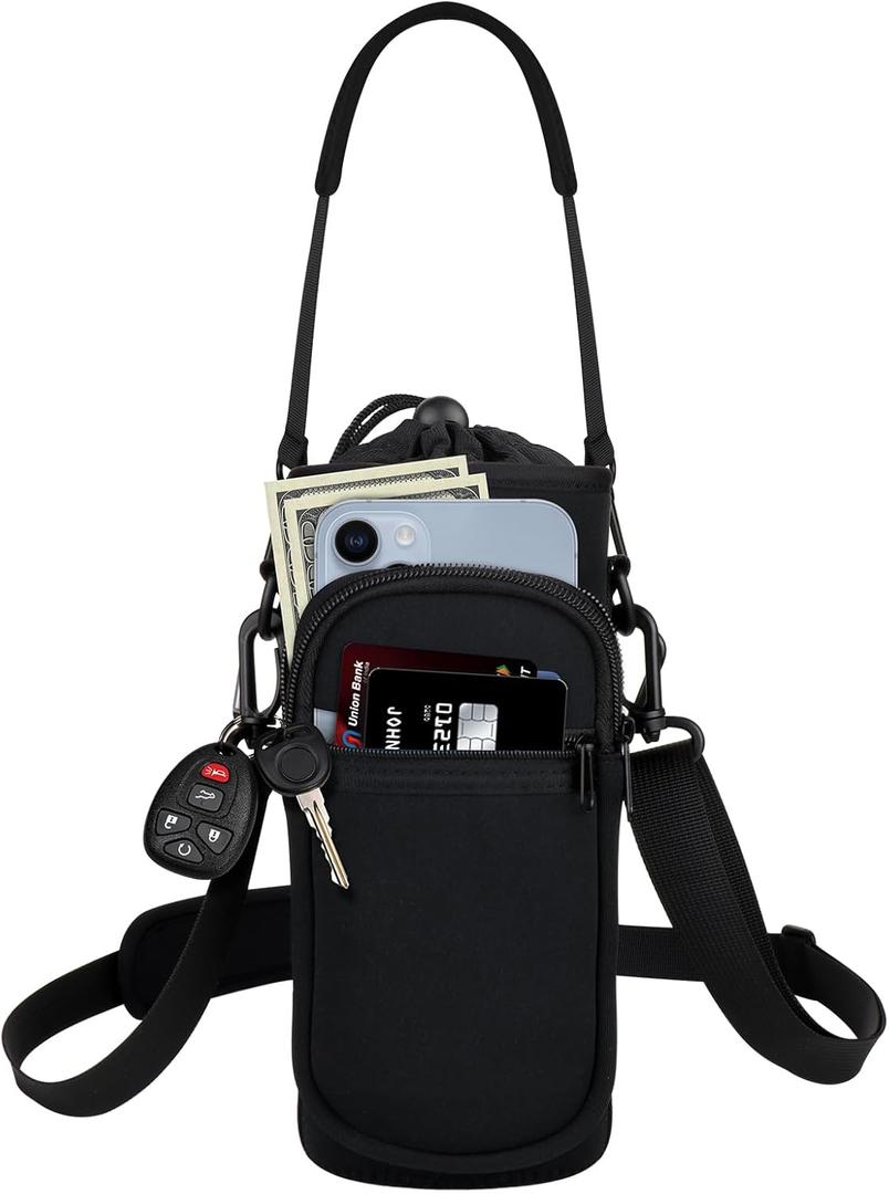 Water Bottle Holder with Strap, Water Bottle Carrier Bag with Phone Pocket, Shoulder Hand Strap Insulated Neoprene 32/40 oz Water Bottle Sleeve for Walking Hiking Camping Gym (1 BLACK)