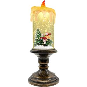 Christmas Snow Globe Candle Lantern with Timer, Rotating Glitter Water, Flameless LED Candle, Battery Operated (3AA), Vintage-Style Holiday Decoration for Tabletop & Mantel