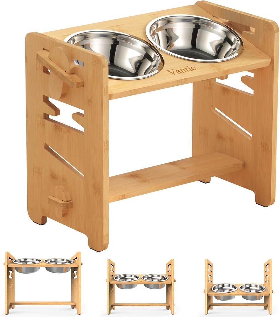Vantic Elevated Dog Bowls, Adjustable Raised Dog Bowl Stand for Medium Sized Pet, Sturdy Bamboo Food Feeder with 2 Stainless Steel Dishes, Natural