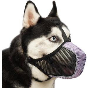 Mayerzon Dog Muzzle, Patented Mesh Soft Muzzles for Large Medium Small Dogs Poodle Husky Doberman Labrador Retriever for Scavenging Grooming Biting Chewing, Breathable Reflective Mussel with Collar (M-(Snout:9"-10"), Black/Purple)