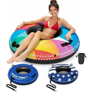 ZEALFEEL River Tube, 48'' Heavy Duty Rubber River Float Tube with Commercial Grade Inner Tube, Premium Canvas Cover, Removable Cup Holder & Tow Strap, Inflatable Tube for Adults Lake Pool Floating