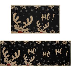 Christmas Kitchen Rug Mat Set Non Slip Decorative Merry Christmas Floor Mat Winter Decor Low-Profile Kitchen Rugs Xmas Throw Kitchen Floor Mat, 17"x29"+17"x47", Black