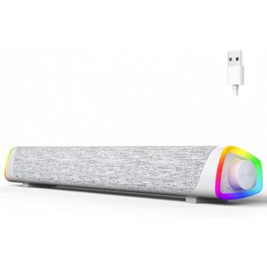 SOULION R30 Plus Bluetooth Computer Speakers for PC Desktop, 6 Modes LED Lights with All-in-one Control Button, Wired USB Powered Sound Bar, Surround Sound Portable SoundBar for Monitor Laptop Phone (White)