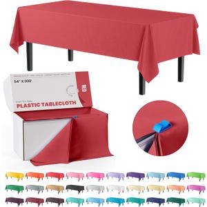Exquisite Red 54x300in Plastic Disposable Tablecloth Roll with Built-in Cutter - 36 Rectangle Table Covers in a Box