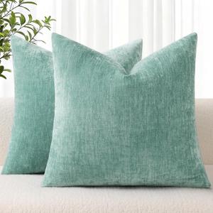 decorUhome Chenille Aqua Haze Throw Pillow Covers 18x18 Inch Set of 2, Decorative Soft Couch Pillow Covers Solid Dyed Accent Velvet Farmhouse Neutral Square Pillow Cases for Sofa Bed Living Room