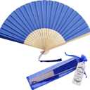 50 sets Imitated Silk Hand Fan with Tassel and Organza Bags and Thank you tags Fabric Handheld Folding Fans Bamboo Frame Bridal Dancing Props Wedding Party Favors (Royal Blue)