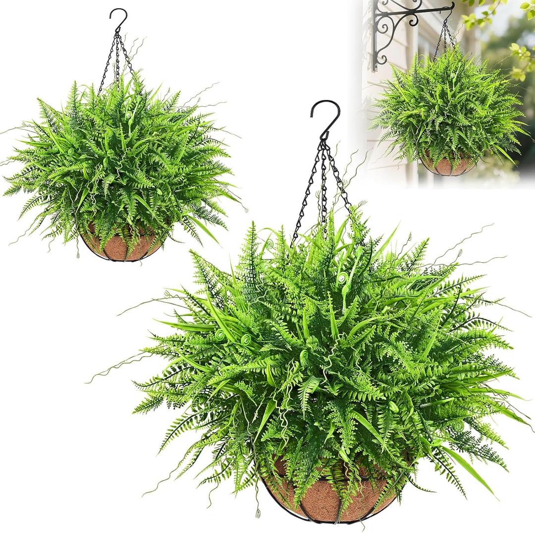 Yastouay 2 Pack Artificial Hanging Ferns for Outdoors, UV Resistant Fake Mixed Ferns with Hanging Baskets, Faux Ferns for Outdoor Planter for Garden, Spring Summer Decor for Home Front Porch Patio