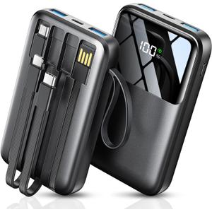 Portable Charger with Built in Cable, 15000mAh Power Bank, 22.5W Fast Charging, 6 Outputs, Slim Travel Essential Battery Pack with LED Display, Compatible with iPhone 16/15/14/13, Samsung, iPad, etc (Black)