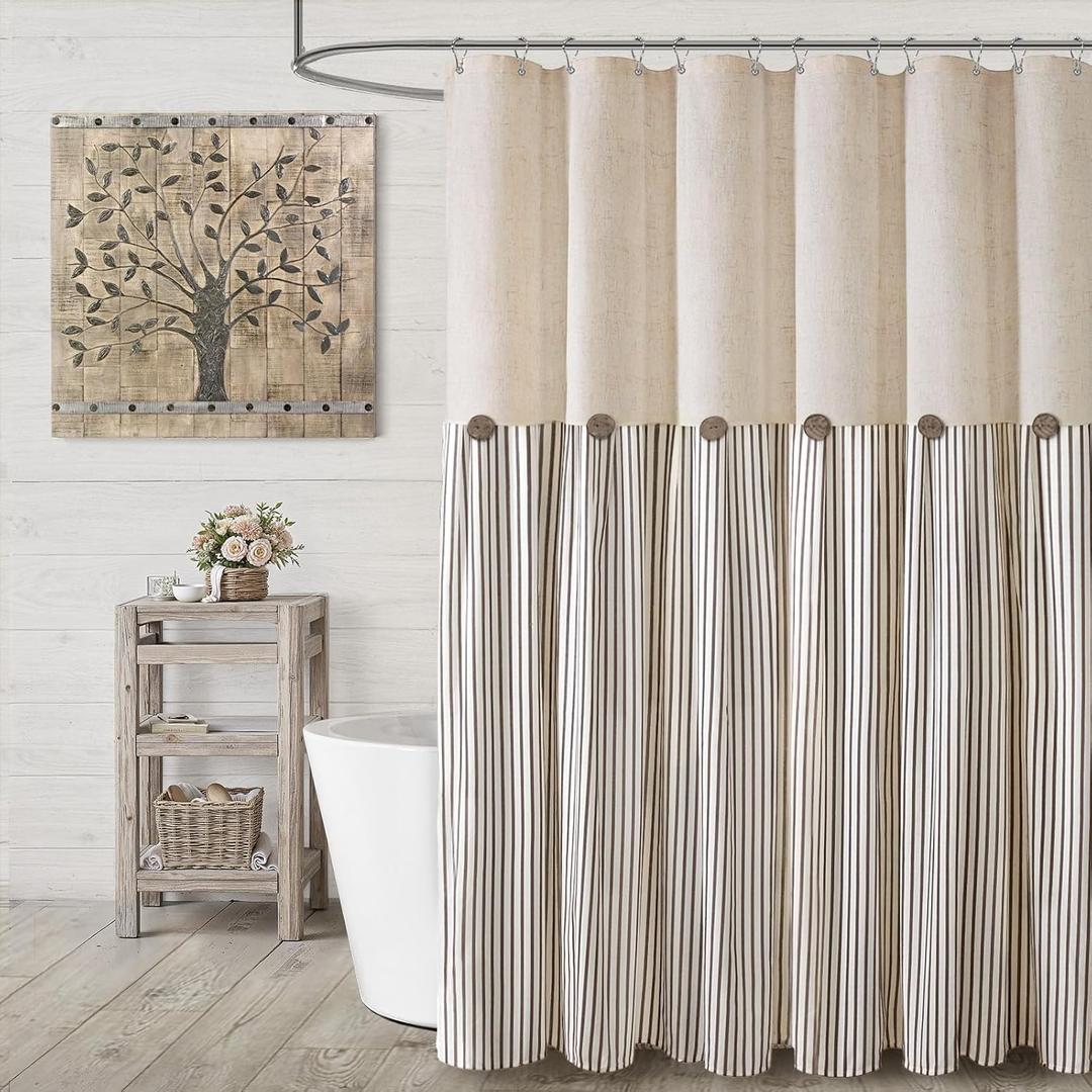 Farmhouse Shower Curtain Linen Beige Button Woven Fabric Country Rustic Western, Pleated Brown Stripe 72" W x 72" L