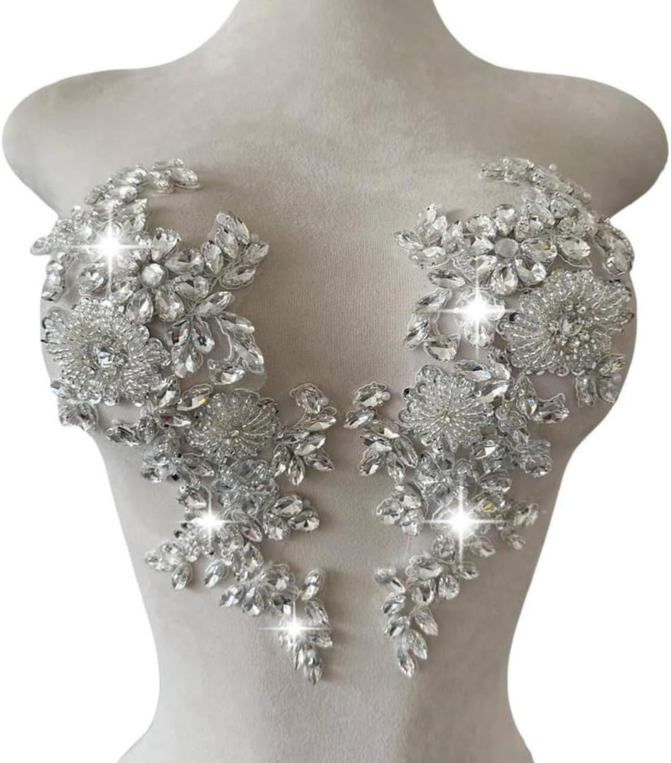 Handmade Shining Rhinestones lace Applique Patches Sewing Beads Sequins Stone Trim Accessories for Wedding Dress 1 Pair/Bag 11X4.3inches (Silver)
