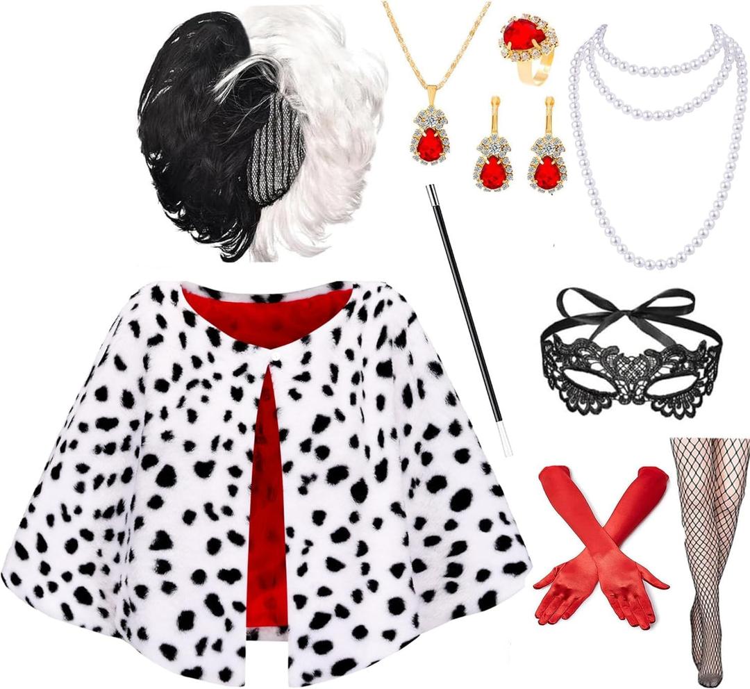 Minggo 10pcs Halloween Costume for Women 2025 Dalmatian Shawl Dress Up Cosplay Black White Coat with Wig Accessories for Adult