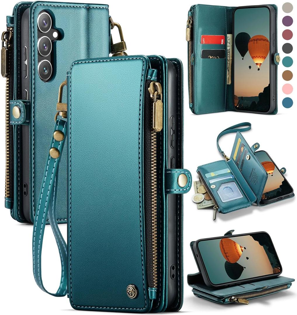 Defencase for Galaxy S25 Case Wallet with RFID Blocking Card Holder for Women Men, Elegant PU Leather Magnetic Snap Flip Wristlet Strap Zipper Wallet Phone Cases for Samsung Galaxy S25 5G 6.2", Green