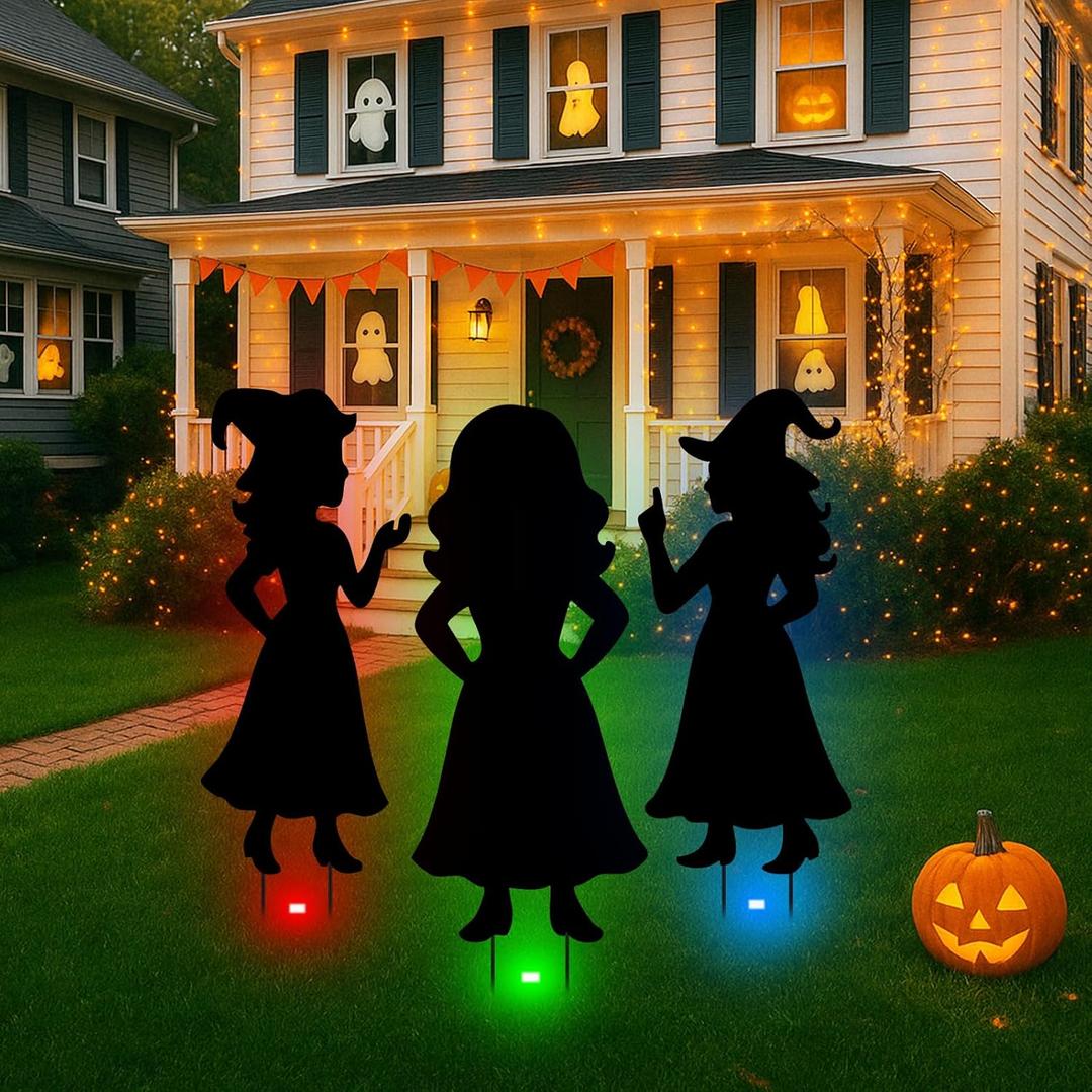 3 Pack Halloween Decorations Outdoor Metal Halloween Witch Yard Sign Silhouette Witch, Metal Silhouette Yard Signs for Garage Door, Wall, Lawn Decor Home Party