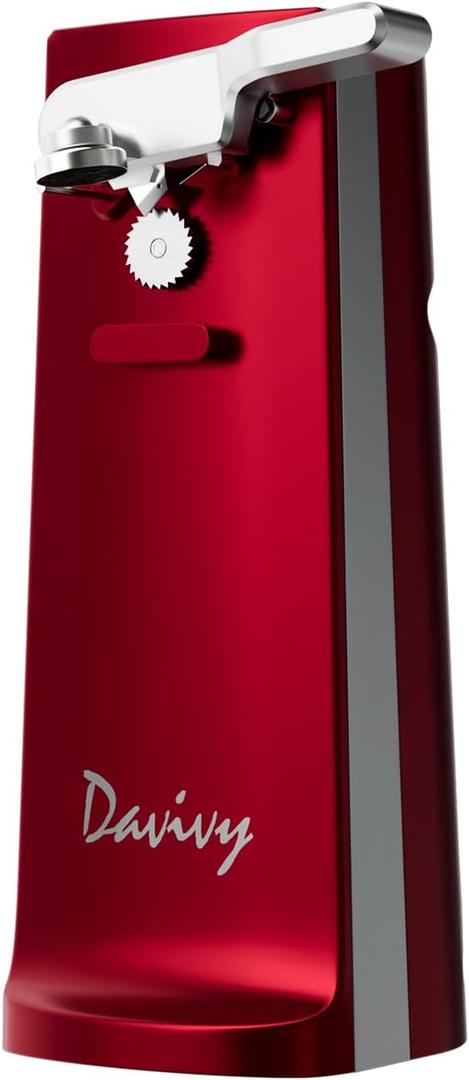 Davivy Electric Can Opener - One-Touch Hands-Free Operation, Removable Stainless Steel Cutter, 3-in-1 Design with Knife Sharpener & Bottle Opener (Red)