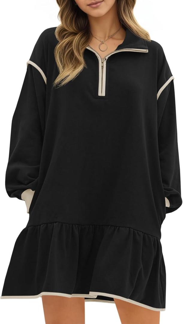 Wenrine Womens 2025 Fall Oversized Sweatshirt Dress Casual Long Sleeve Quarter Zip Ruffle Hem Pullover Mini Dresses (Medium, Black)
