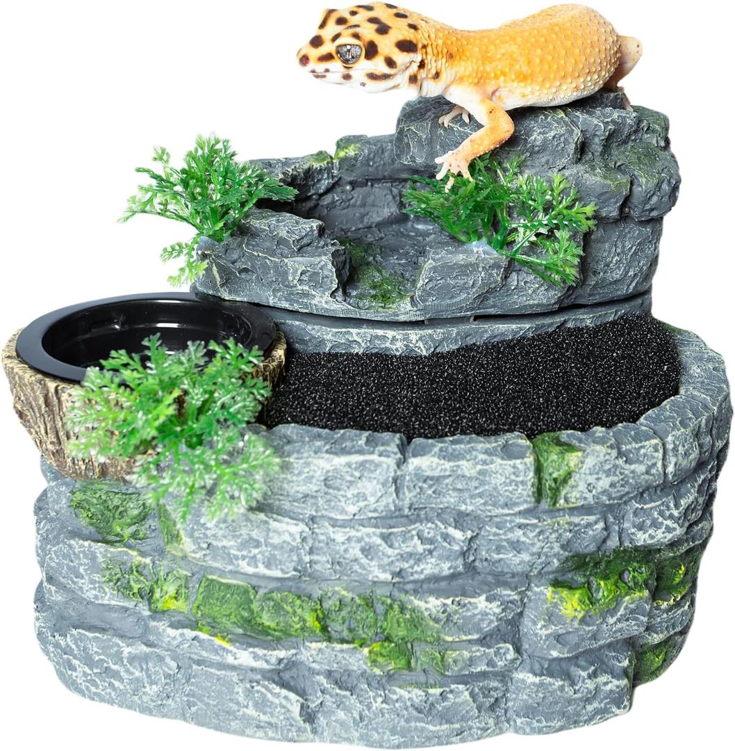 500ML Reptile Waterfall Fountain, Reptile Water Drinking Fountain for Bearded Dragons, Geckos & Lizards  Terrarium Waterfall with Feeding Bowl, Flowing Water, Natural Resin