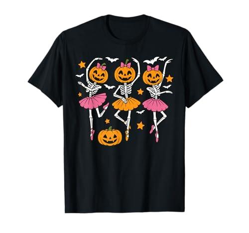 Girls Halloween Ballet Skeleton Pumpkin Girls Skeleton Women T-Shirt Size XS
