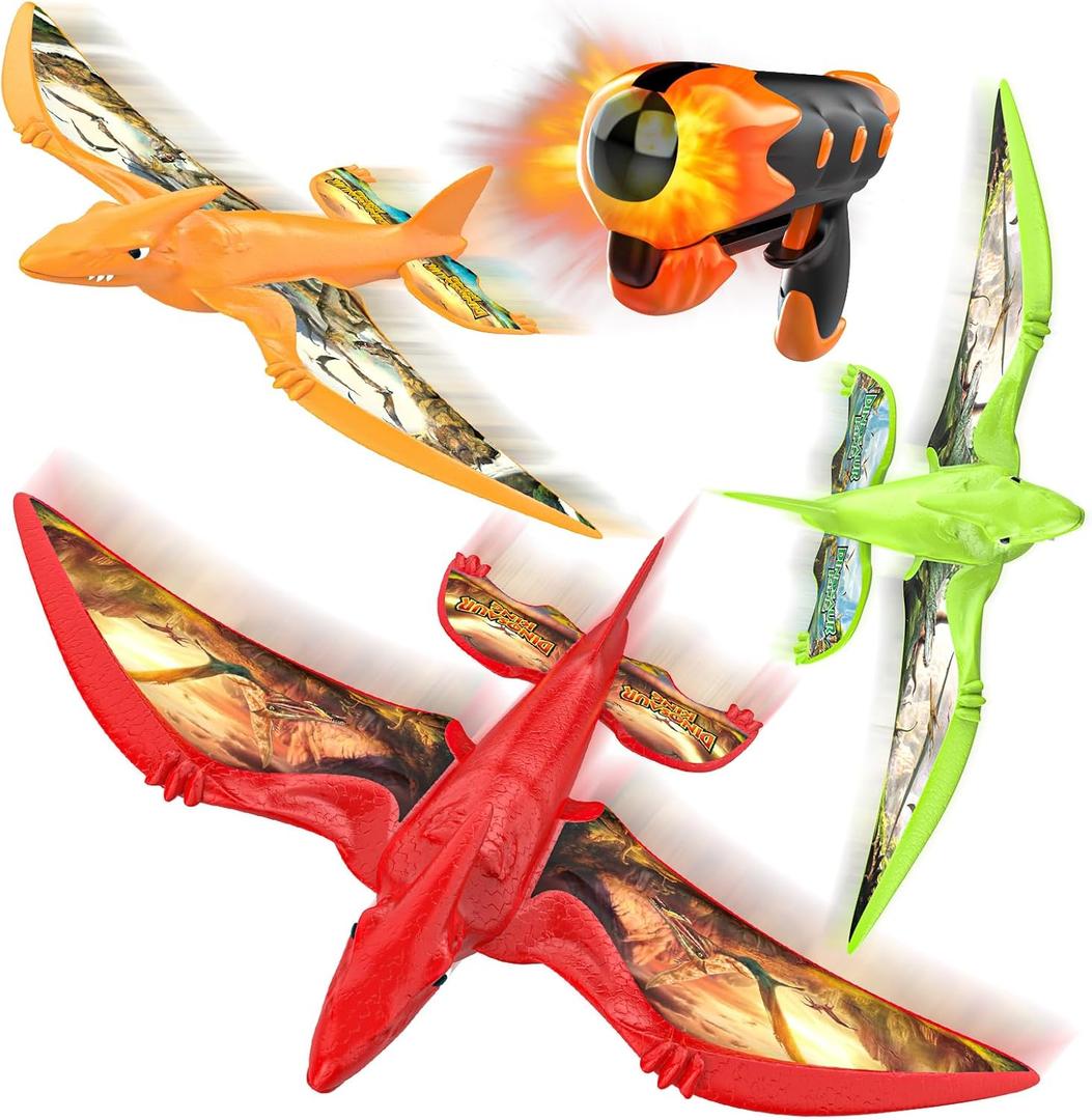3 Pack Dinosaur Airplane Launcher Toys for Kids, Foam Airplanes for Kids Boys Toys with Stickers, Outdoor Flying Toys Birthday Gifts for 4 5 6 7 8 9 10 12 Year Old Boys Girls. (Red&green&orange)