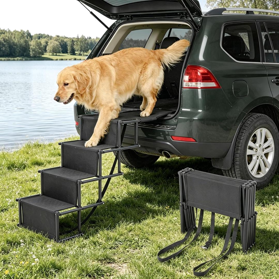 Portable Extra Wide Dog Steps, Large Dog Folding Stairs for Car, Truck, SUV | 4 Steps Non-Slip Dog Ramp for Large Dogs, Supports Up to 300 Lbs, Folding Dog Ladder for High Beds