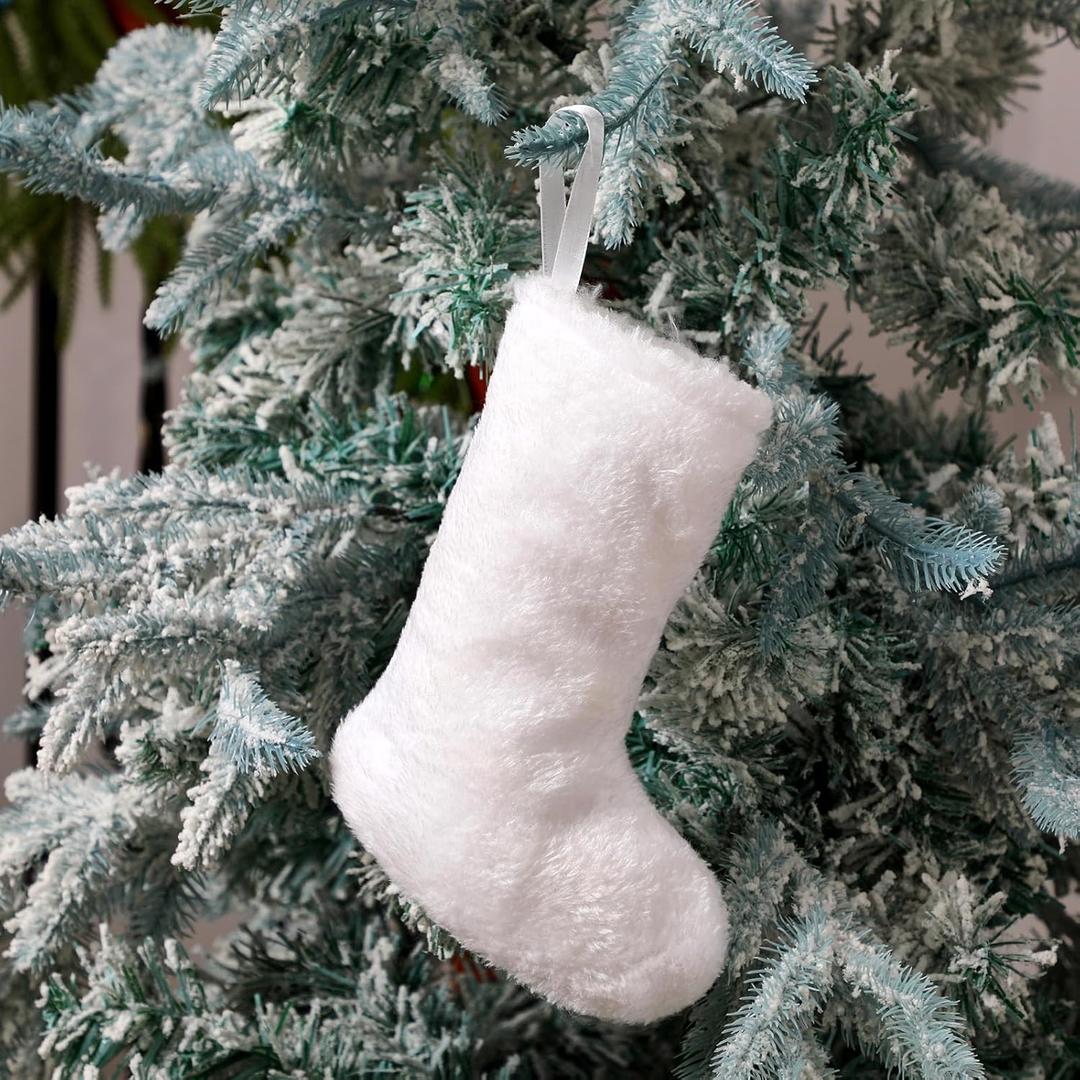 12 Pcs 10 Inch Snowy White Christmas Stockings Faux Fur Christmas Stockings Furry Christmas Stocking Hanging Ornaments Candy Gift Bags Fireplace Hanging Stocking for Decorations Xmas Tree