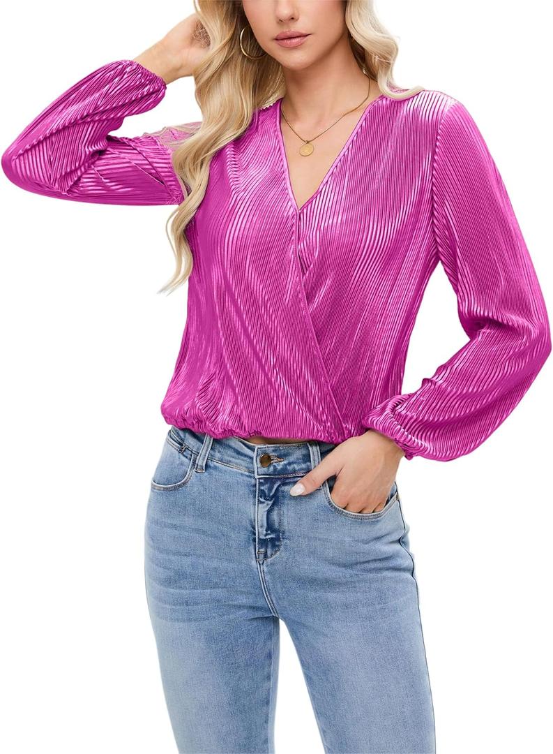 Women Long Lantern Sleeve Shirts Dressy Casual Loose Fit Fall V Neck Blouses Date Night Tops (Pink, M)