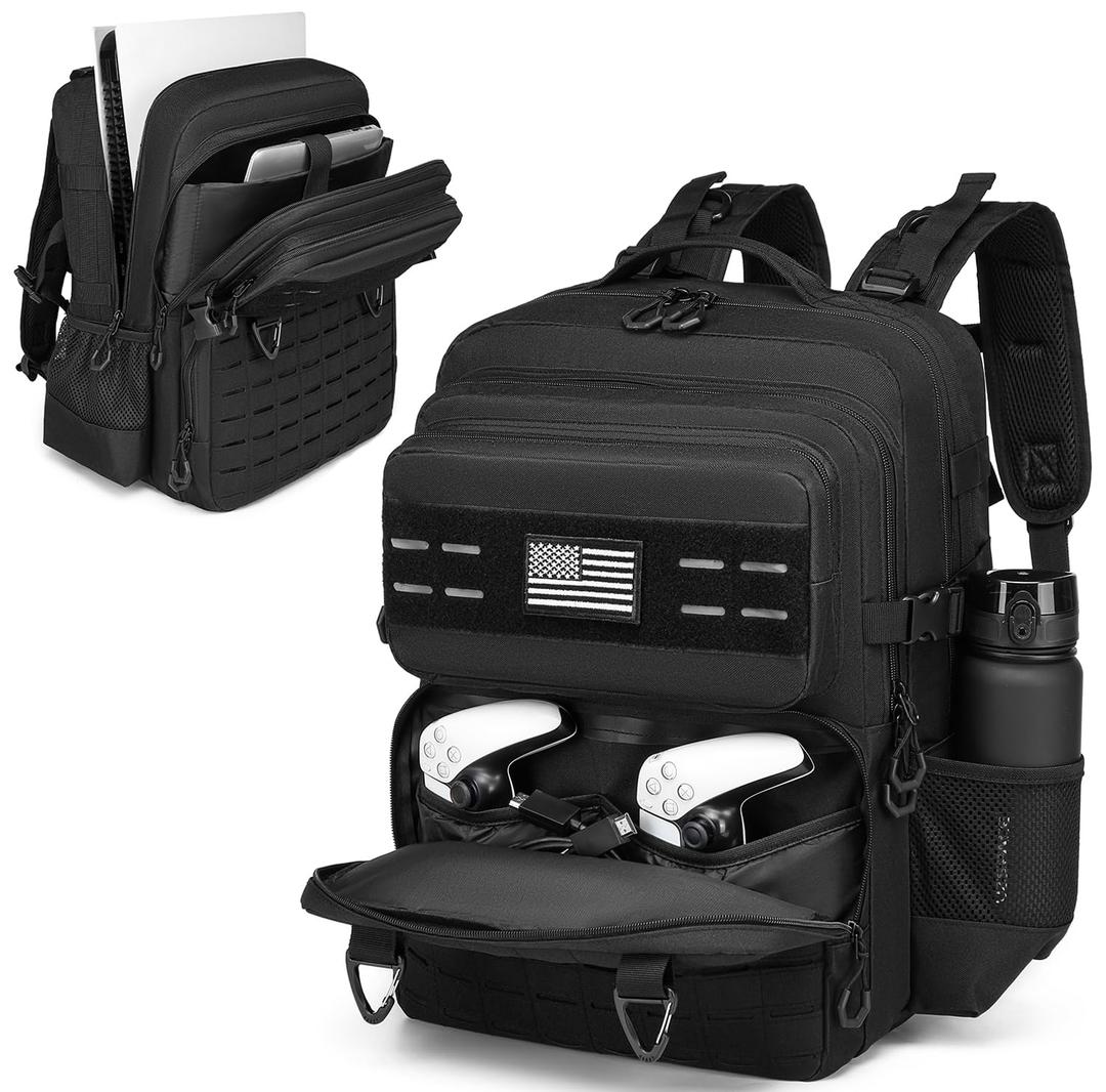 BISKLNDN Tactical Gaming Backpack for PS5, Travel Carrying Case for PS5/PS5 Pro/PS5 Slim/PS4, Console Laptop Backpack Bag with Protective Liner for Playstation 5, 15.6" Laptop, Controllers & Accessory