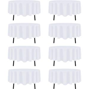 8 Pack White Round Tablecloth 60 Inch White Table Cloth (Fits 20-48 Inch Tables) Stain and Wrinkle Resistant Reusable and Washable Polyester Fabric for Buffet Wedding Party and Banquet