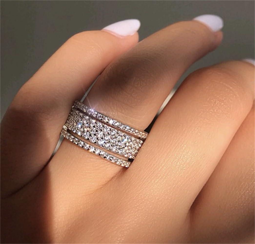 925 Sterling Silver Shiny Full Diamond Ring Cubic Zirconia Rings CZ Diamond Multi Row Ring Eternity Engagement Wedding Band Ring for Women (US Code 5)