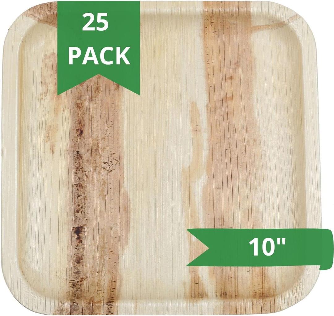 Greenmile Palm Leaf Plates 10 Inch, Areca Palm Plates Set, Square Biodegradable and Compostable Bamboo Plates Disposable Dinnerware for Parties, Weddings, BBQs, 25 Pack