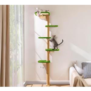 Floor to Ceiling Cat Tree for Kittens, Wall Mounted Cat Wall Furniture with Green Plush Pads, 5 Platform Wild Simulation Climbing Tower, Adjustable Height (83Inch)
